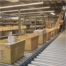 Inside the Smith-Southwestern fulfillment center, featuring boxes and bins moving along a motorized roller conveyor system for order shipping