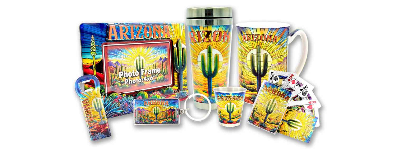 A wholesale collection of matching custom Arizona souvenirs, including a photo frame, travel tumbler, ceramic mug, shot glass, deck of cards, keychain, and bottle opener featuring a vibrant saguaro cactus design