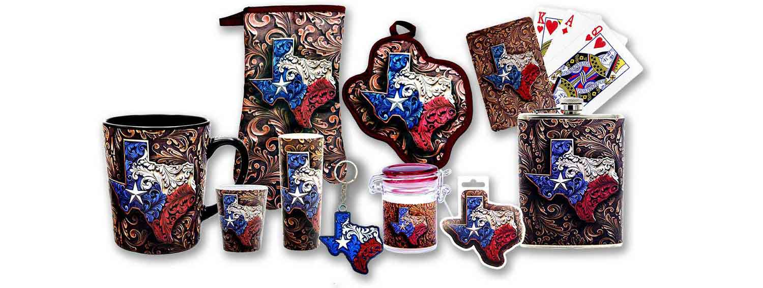A wholesale collection of custom Texas souvenirs featuring a tooled leather texture and state shape design, including kitchenware, mugs, shot glasses, a hip flask, and playing cards