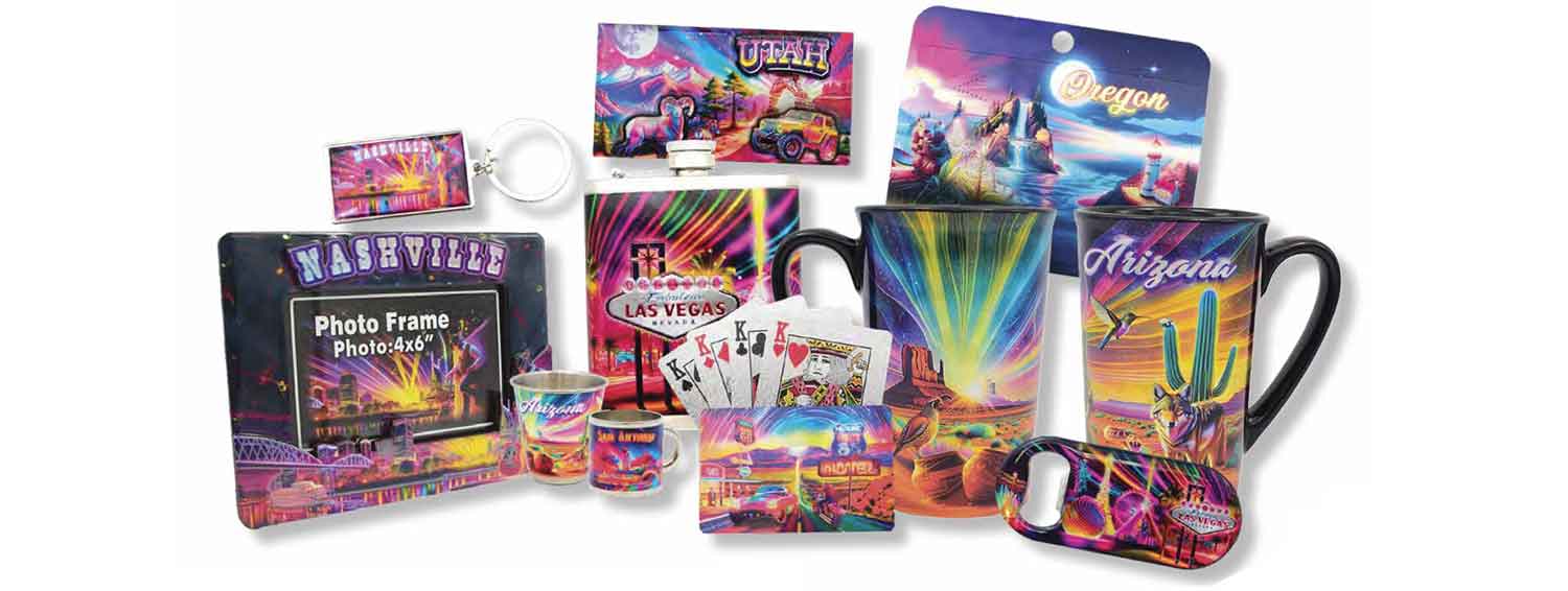 A wholesale collection of custom souvenirs with vibrant neon and psychedelic designs, including a Nashville photo frame, Las Vegas flask, playing cards, and mugs for various states