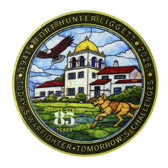 A custom circular commemorative challenge coin for Fort Hunter Liggett