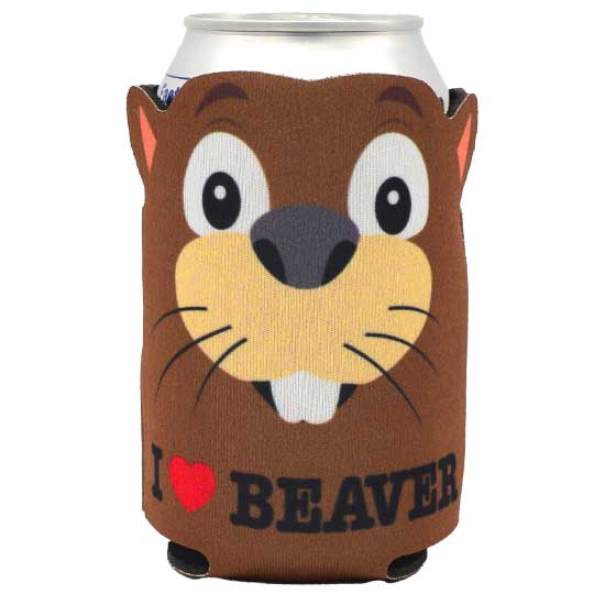 A custom die-cut neoprene can cooler shaped like a smiling brown beaver face with a red heart and the text I heart BEAVER