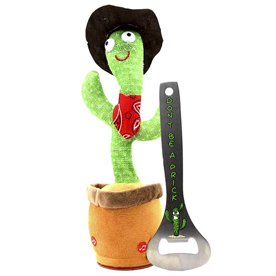 A wholesale electronic dancing cactus plush toy in a brown cowboy hat and red bandana next to a metal bottle opener that reads Don't Be A Prick