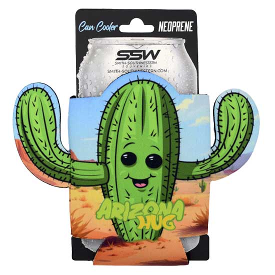 A wholesale custom die-cut neoprene can cooler shaped like a smiling saguaro cactus with the text Arizona Hug on its retail packaging