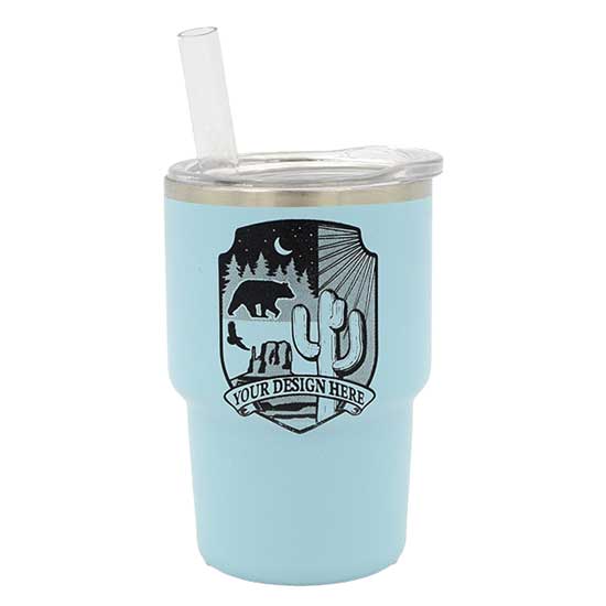A light blue stainless steel travel tumbler with a clear lid and straw, featuring a customizable logo placeholder that says Your Design Here