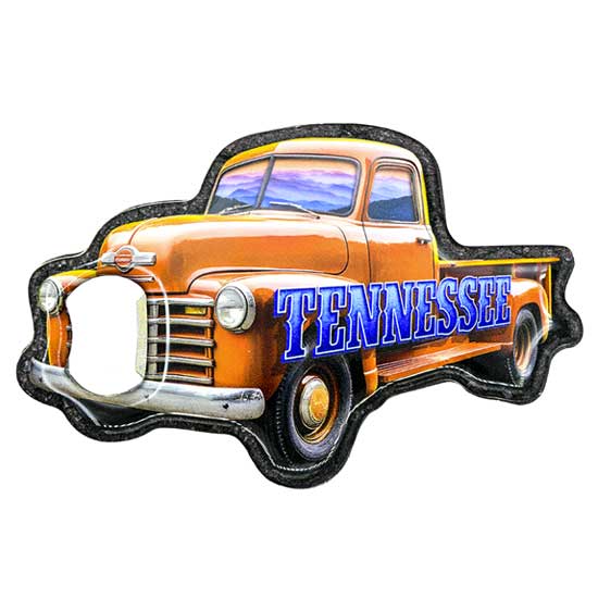 Tennessee state souvenir orange vintage truck magnet with built-in bottle opener cutout