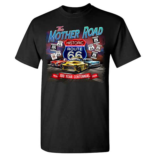 A black souvenir t-shirt featuring a custom design for The Mother Road Historic Route 66 100 Year Centennial with vintage cars
