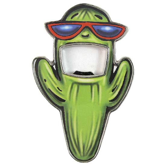 A wholesale custom metal bottle opener magnet shaped like a smiling green saguaro cactus character wearing red sunglasses