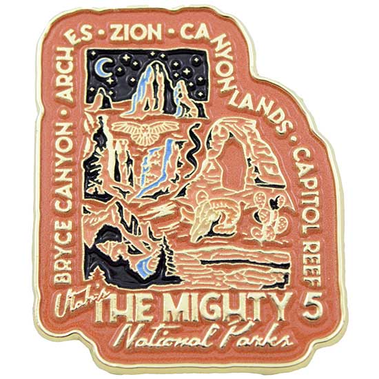 A wholesale custom enamel souvenir lapel pin featuring a detailed terracotta and black illustration of Utah's Mighty 5 National Parks, including text for Bryce Canyon, Arches, Zion, Canyonlands, and Capitol Reef